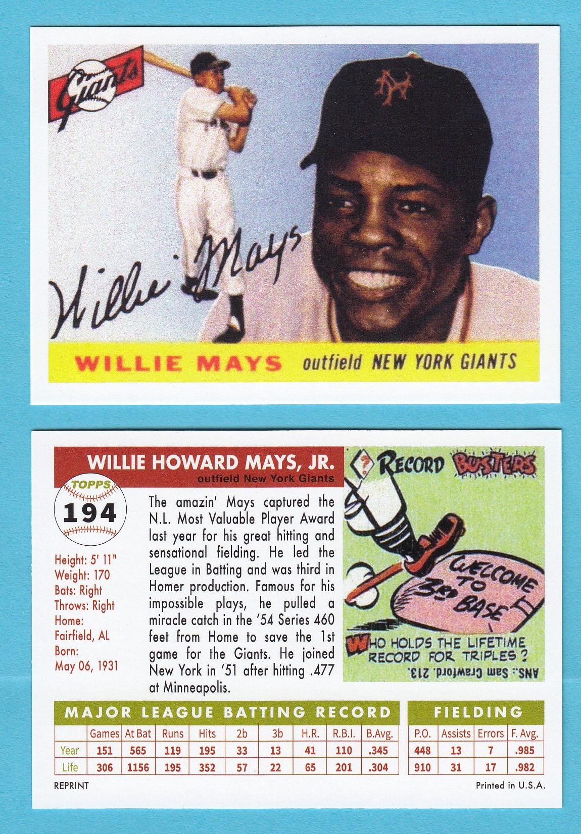 1955 Topps Baseball Reprint #194 Willie Mays New York Giants - A