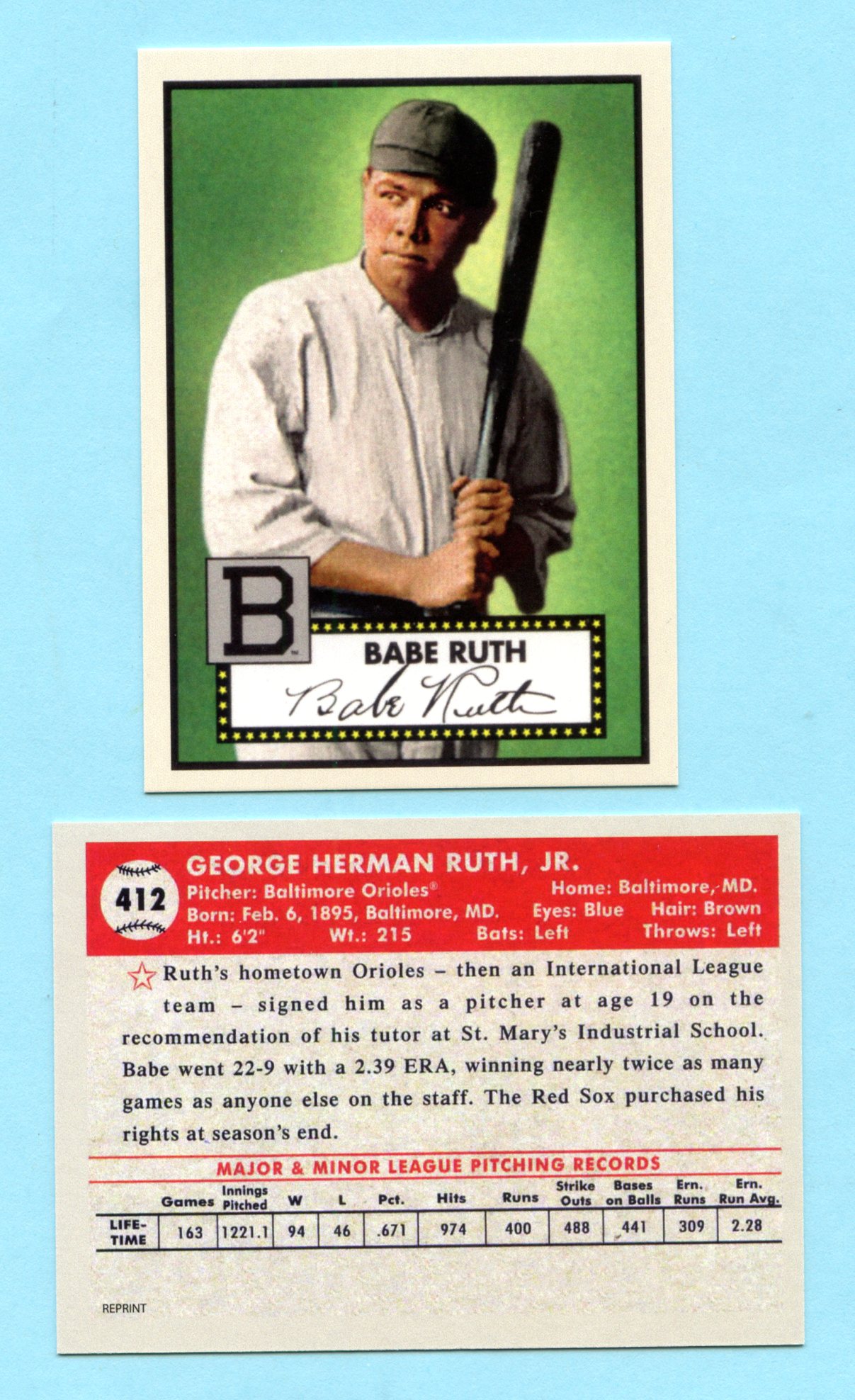 1952 Topps Baseball Reprint # 412 Babe Ruth Baltimore Orioles - A