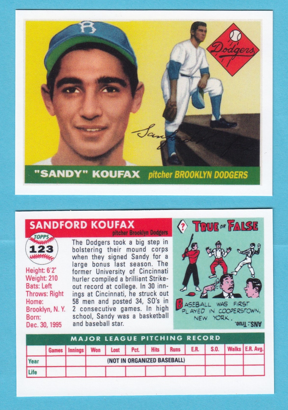 1955 Topps Baseball Reprint # 123 Sandy Koufax Brooklyn Dodgers - A & J  Sports Cards