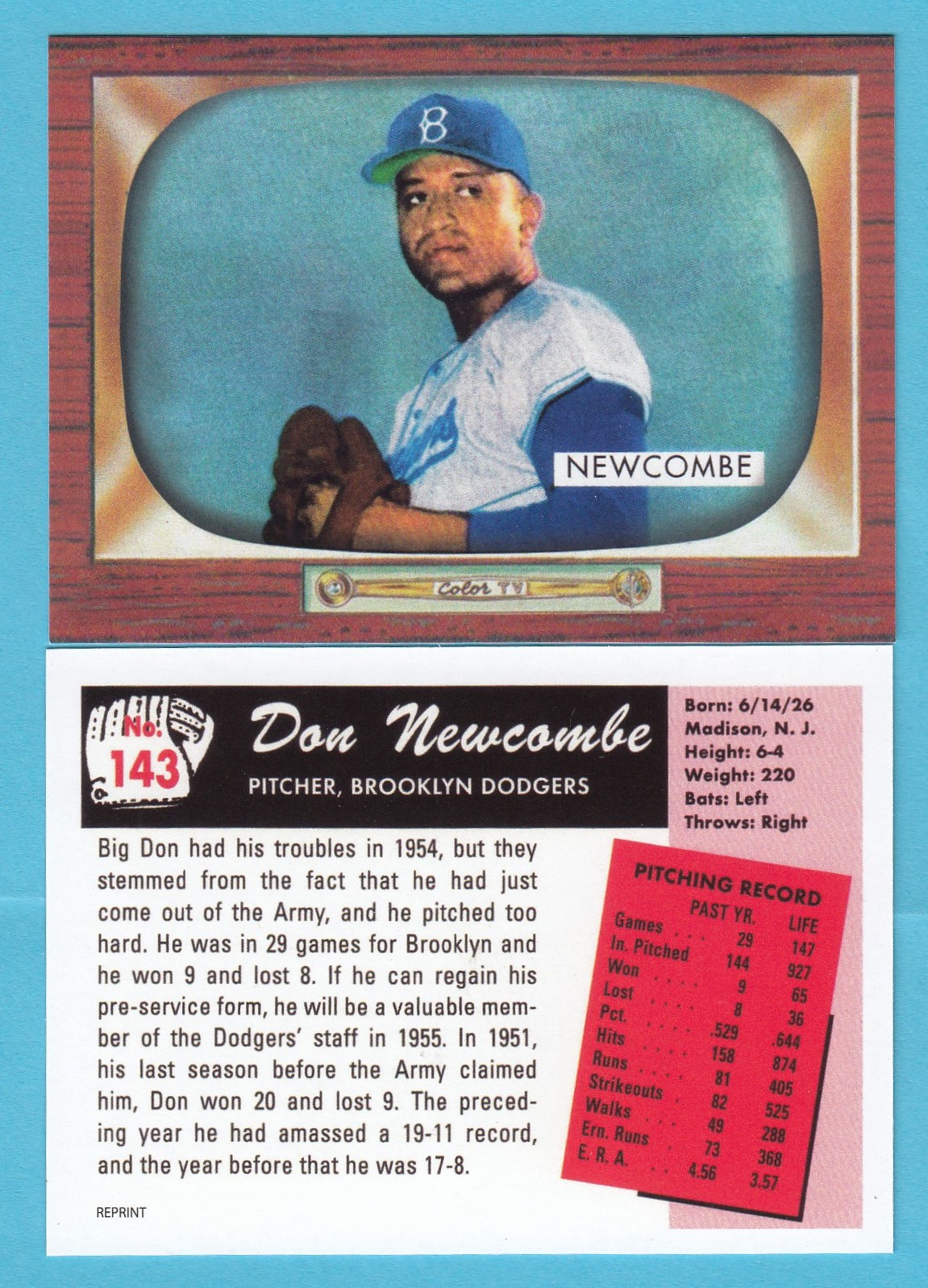 1955 Bowman Baseball Reprint # 143 Don Newcombe Brooklyn Dodgers - A & J  Sports Cards